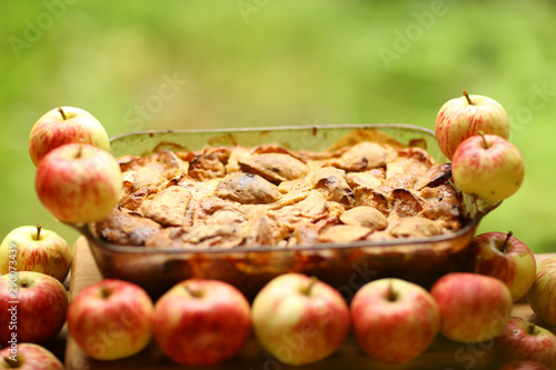 pieces of fresh baked apple pie among raw apples country style still life photo