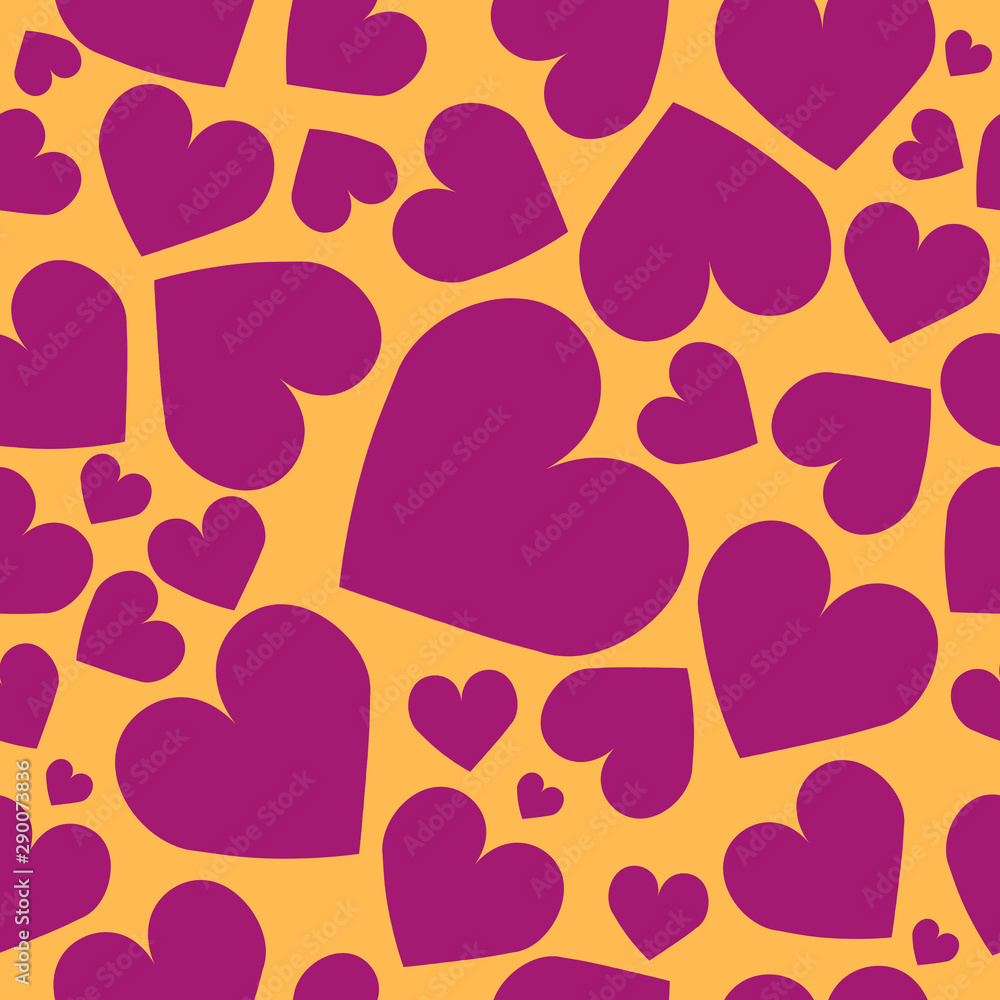 Square seamless postcard with pink hearts pattern on yellow background.