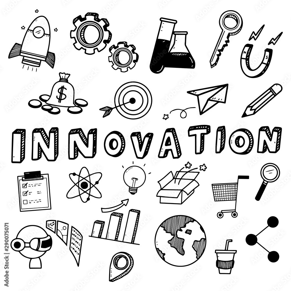 Hand draw Innovation doodles on white background.Concept for innovation technology and startup 