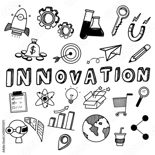Hand draw Innovation doodles on white background.Concept for innovation technology and startup.