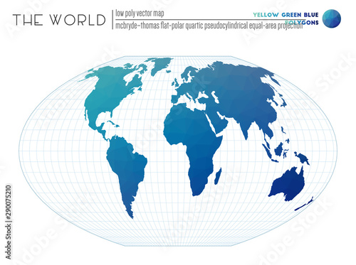 World map in polygonal style. McBryde-Thomas flat-polar quartic pseudocylindrical equal-area projection of the world. Yellow Green Blue colored polygons. Neat vector illustration.