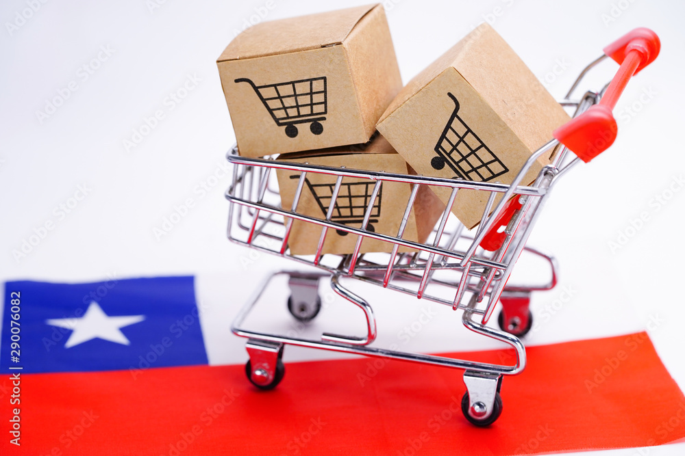 Box with shopping cart logo and Chile flag : Import Export Shopping online or eCommerce finance delivery service store product shipping, trade, supplier concept..