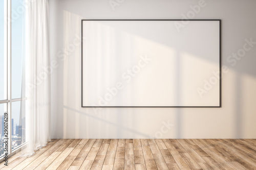 Blank poster on white wall in modern empty room with big windows and wooden floor  mock up.