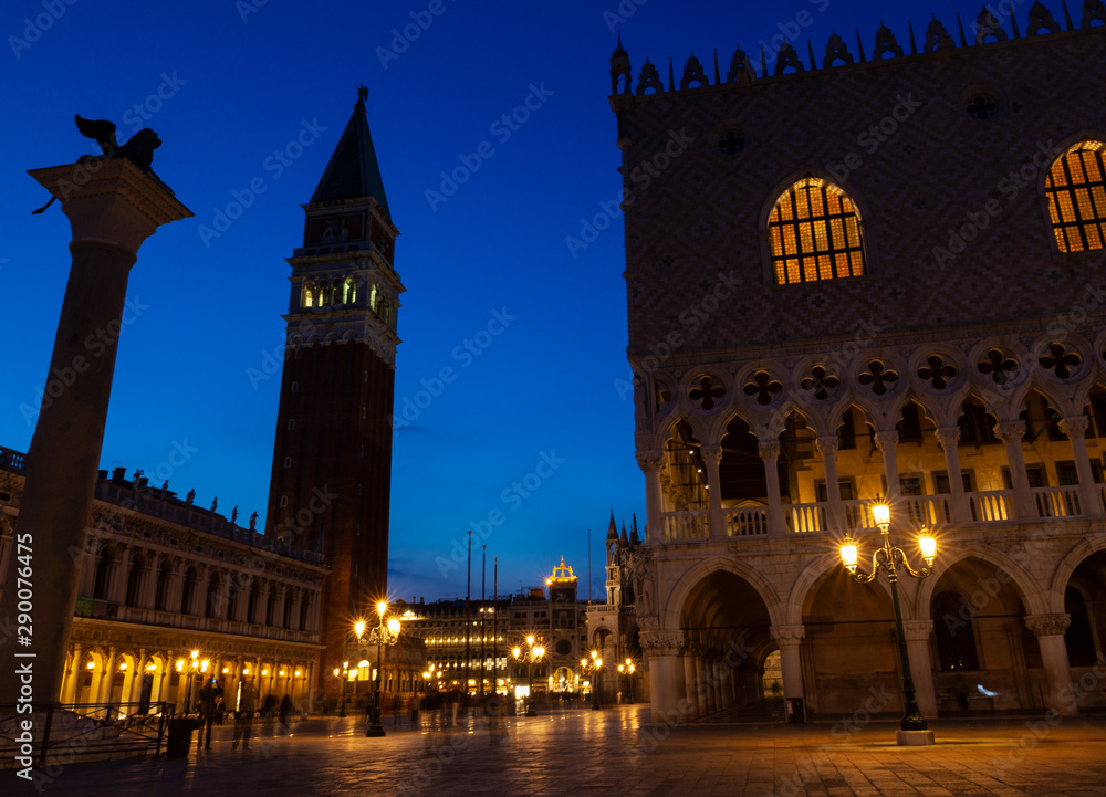Night view of the doge palace next to the San Marco bell tower