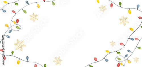 Watercolor vector Christmas card with colorful garlands with Golden snowflakes.