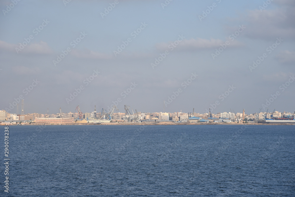 City of Port Said, panorama view from the cargo ship transiting Suez Canal. 