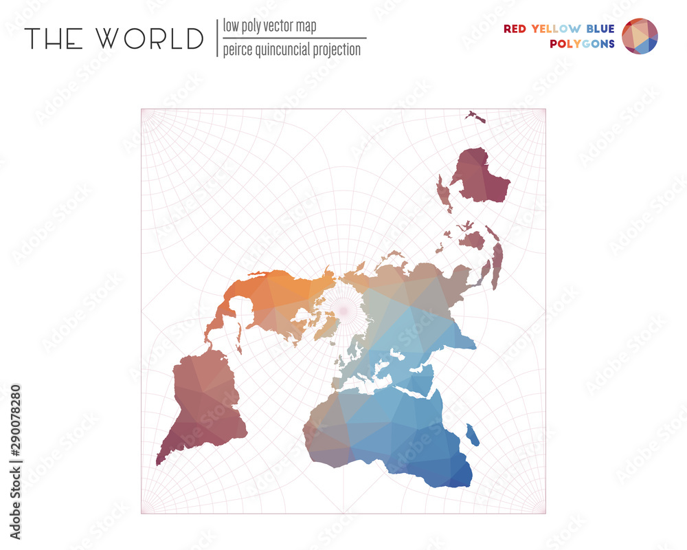 Fototapeta premium Polygonal world map. Peirce quincuncial projection of the world. Red, Yellow, and Blue colored polygons. Modern vector illustration.