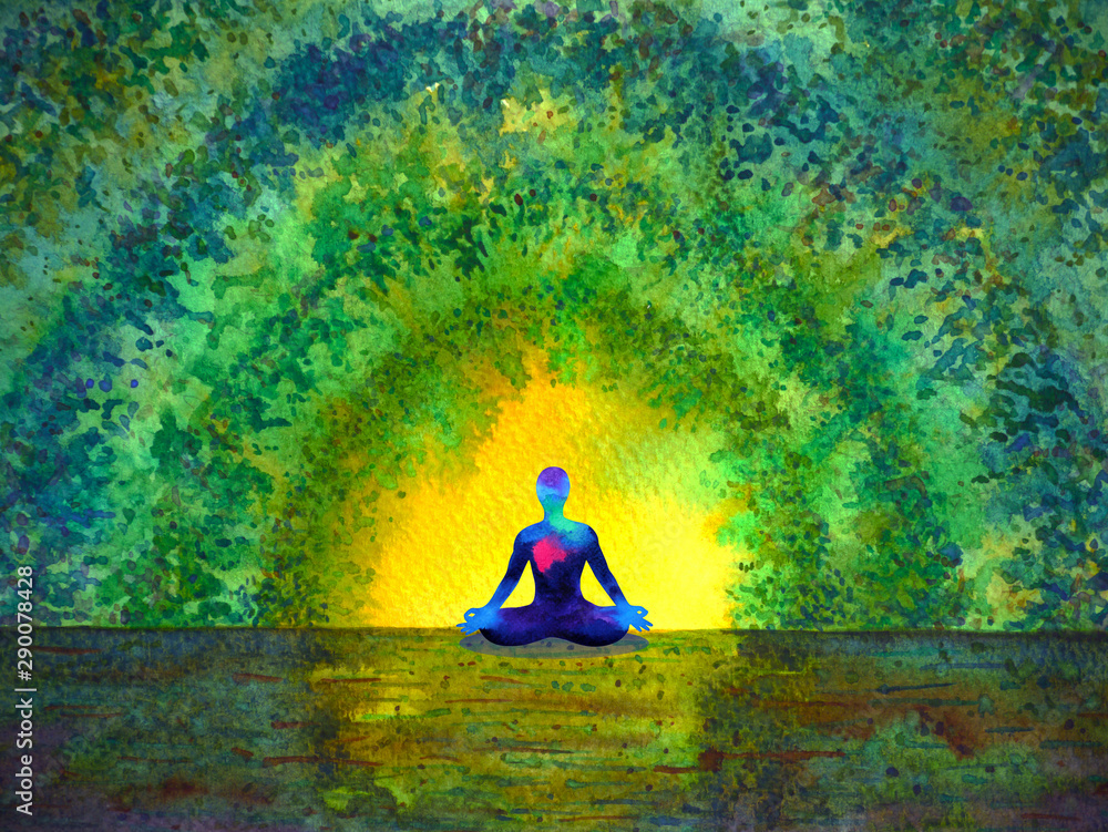Naklejka chakra color human lotus pose yoga in green tree forest tunnel, abstract world, universe inside your mind mental, watercolor painting illustration design hand drawn