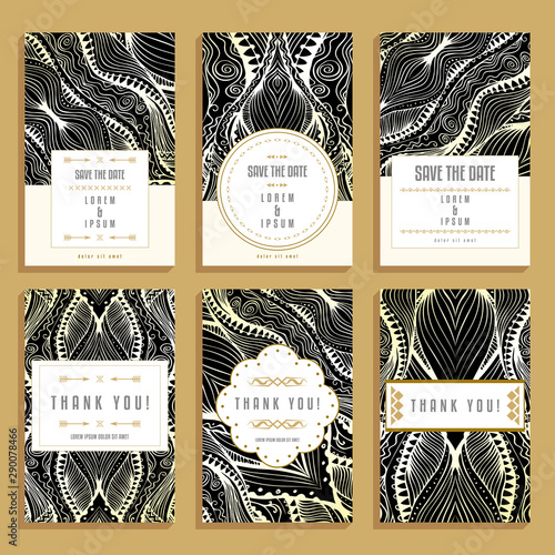 Six cards with tangled lacy ornaments. Collection of romantic wedding and thank you cards with doodle style patterns.