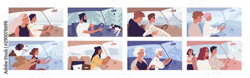 People driving car flat vector illustrations set. Road trip concept. Travelling with pets. Female shopaholic riding with purchases. Friends in vehicle finding route on map. Elegant lady in automobile.