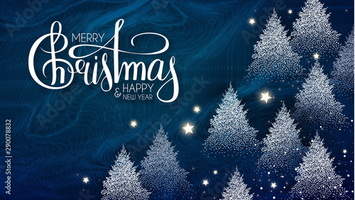 Merry Christmas and Happy new Year Holiday backgdound with winter forest, snow, stars and frost texture. Christmas fir tree.