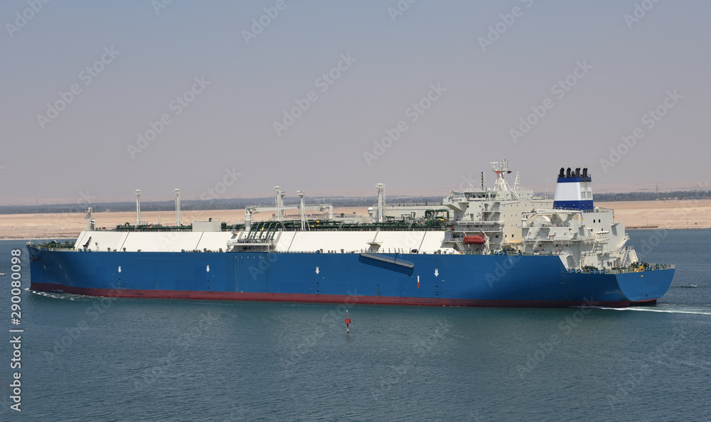 Gas tanker ship transiting through the Suez Canal. 