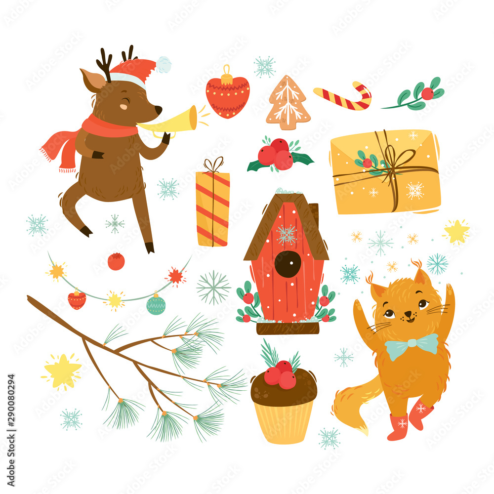 Vector winter set. Christmas and New Year. Christmas deer. A letter to Santa. Gifts Christmas Decorations Vector winter set. Christmas and New Year. Christmas deer. A letter to Santa. Gifts Christmas Decorations