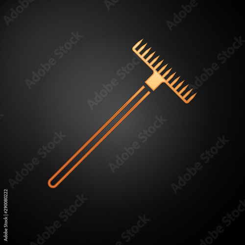 Gold Garden rake icon isolated on black background. Tool for horticulture, agriculture, farming. Ground cultivator. Housekeeping equipment. Vector Illustration