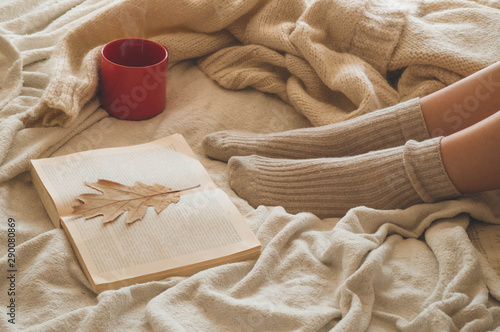 Cozy Autumn winter evening , warm woolen socks. Woman is lying feet up on white shaggy blanket and reading book.