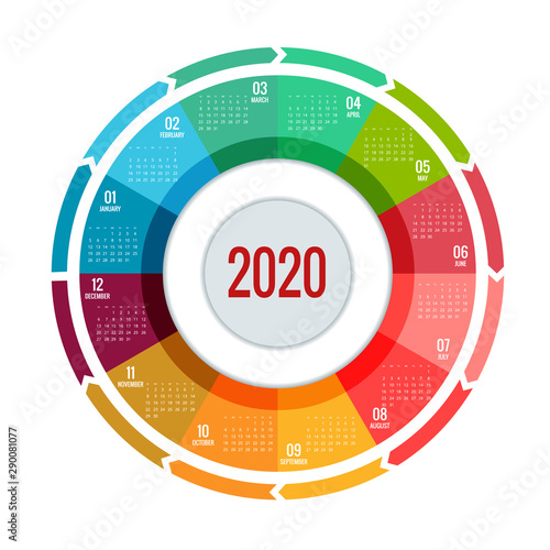 Colorful round calendar 2020 design, Print Template, Your Logo and Text. Week Starts Sunday. Portrait Orientation. 2020 Calendar of 12 Months.