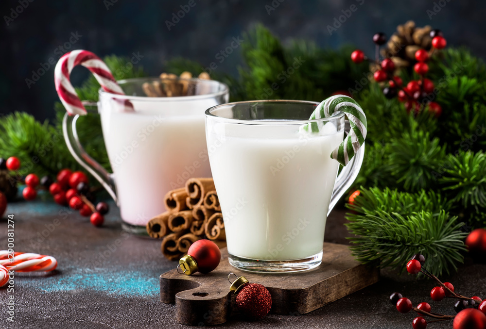 Hot winter white drink with candy sticks, Christmas or New Year decorations, dark background, rustic style, copy space Hot winter white drink with candy sticks, Christmas or New Year decorations, dark background, rustic style, copy space