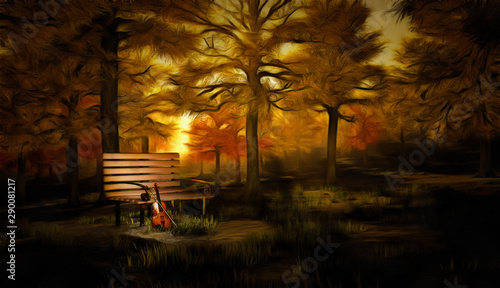 Slika na platnu Digital painting in impressionism style. Violin in autumn park