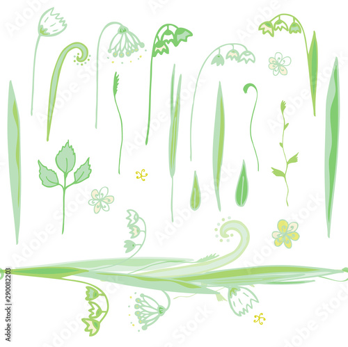 Isolated on white sunny spring vector set of endless floral horisontal brush and bunch of with lily of the valley and snowdrop flowers and leaves