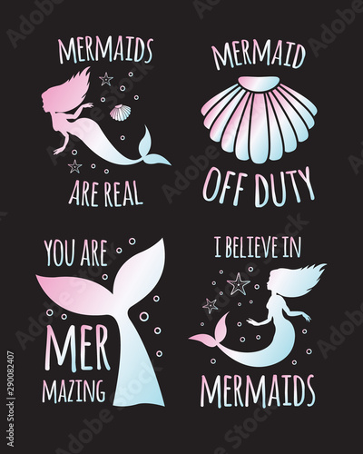 Vector set bundle of holographic mermaid silhouettes with quote and sea elements. Lettering illustration isolated on white background
