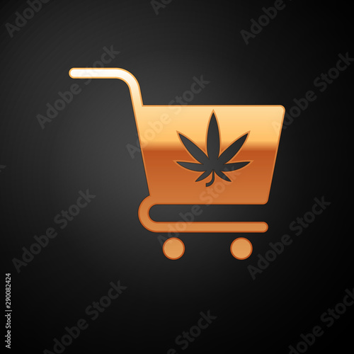 Gold Shopping cart with marijuana or cannabis leaf icon isolated on black background. Online buying. Delivery service. Supermarket basket. Vector Illustration