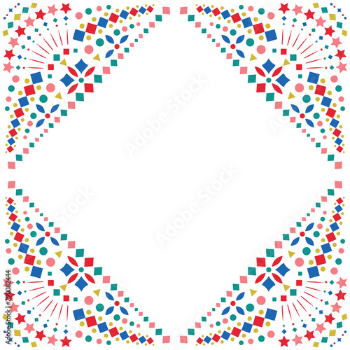 Mexican style embroidery motif celebration border. Card or invitation for fiesta party template with bright folk art pattern.