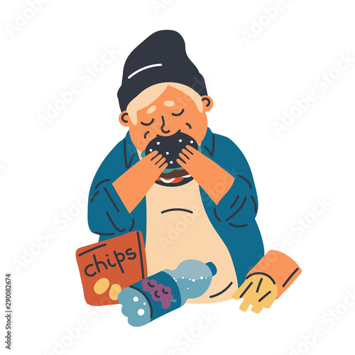 Child food addiction concept flat vector illustration. Overweight kid, teenager eating burger and chips junk food cartoon character. Kid unhealthy lifestyle, harmful nutrition and obesity problem.