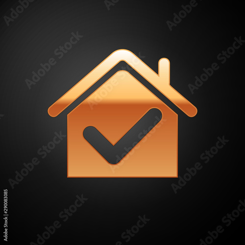 Gold House with check mark icon isolated on black background. Real estate agency or cottage town elite class. Vector Illustration