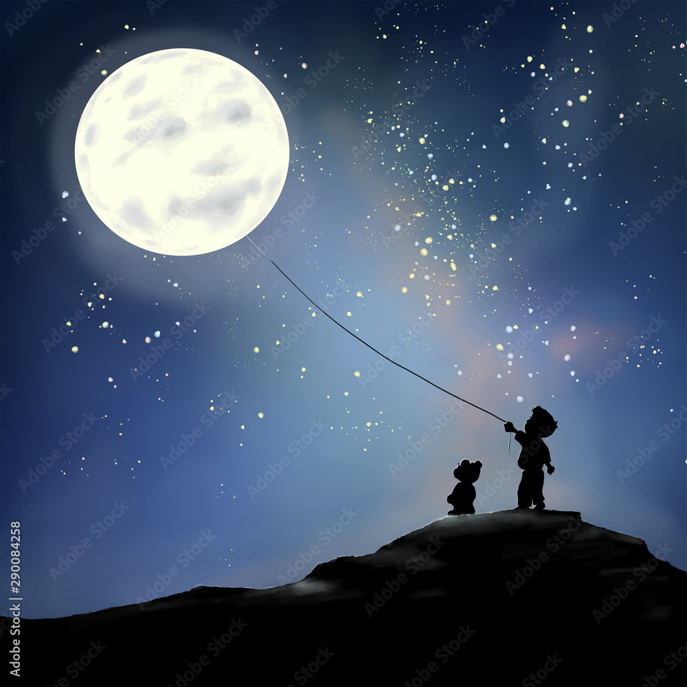 Mein Mond - Zusammen stehen Teddy und Tom auf einer Anhöhe und lassen den Mond an einer langen Leine wieder in den Nachthimmel steigen. Liebevoll lächelt der Mond den beiden zu.