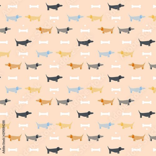 Vector seamless dog pattern. Colorful cute dachshunds and white bones on light pink background.