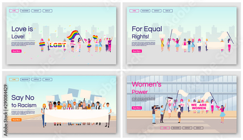 Equal rights protests landing page vector templates set. Social movements against racial and gender inequality website interface with flat illustrations. Homepage layout, web banner, webpage concept