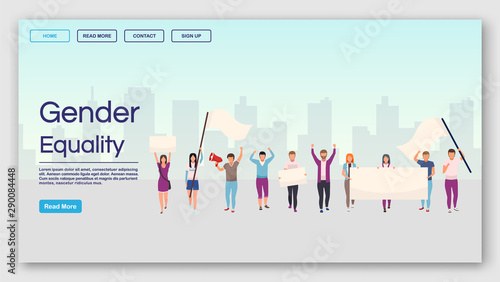 Gender equality landing page vector template. Social movement and democracy manifestation website interface idea with flat illustrations. Political protest homepage layout. Web banner, webpage concept
