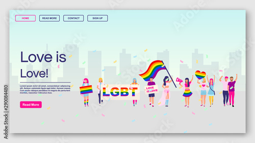 LGBT protest landing page vector template. Love is love website interface idea with flat illustrations. Pride parade homepage layout. Gay community demonstration web banner, webpage cartoon concept
