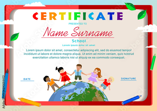 diploma, certificate with happy children of different races and colors holding hands and standing on the globe, planet. color vector illustration