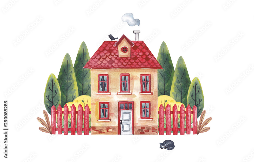 Watercolor illustration. Cozy little house with a fence and autumn garden on a white background.