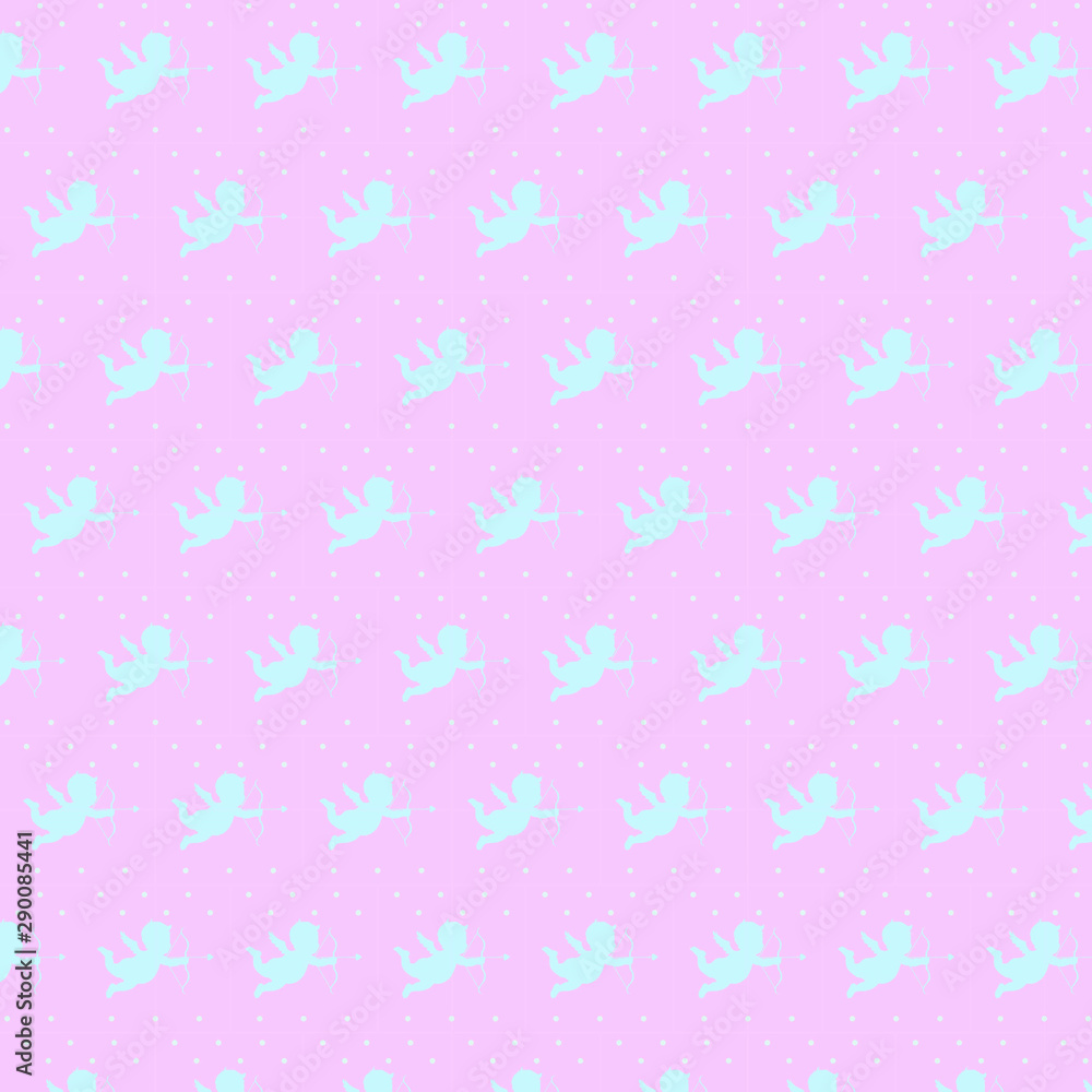 Seamless vector geometric Valentine's day Cupid pattern. Blue angels with arrow and polka dots on light pink background. Seamless vector geometric Valentine's day Cupid pattern. Blue angels with arrow and polka dots on light pink background.