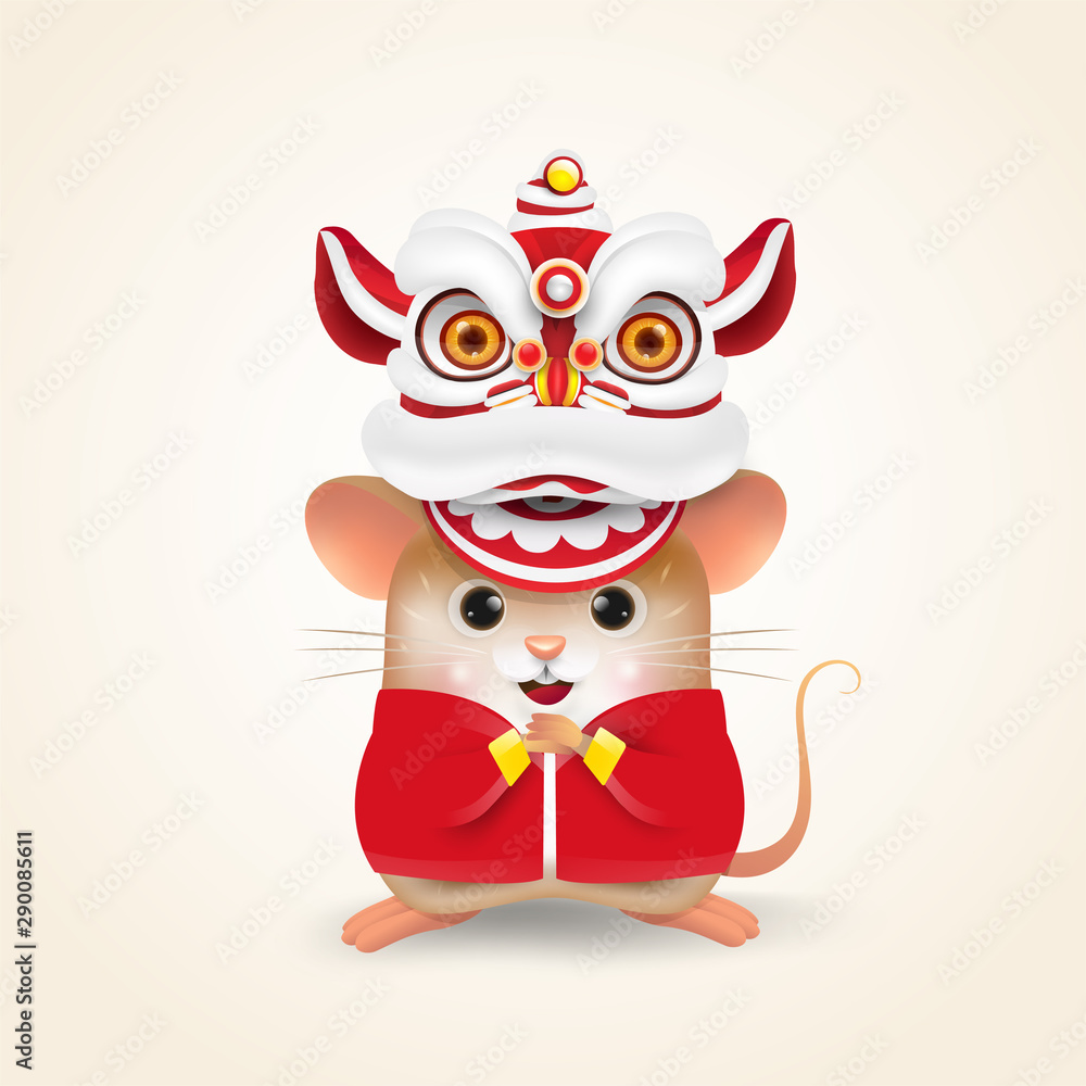 Little Rat or Mouse performs Chinese New Year Lion Dance and Chinese traditional. Isolated.