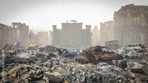 post Apocalypse, Ruins of a city. Apocalyptic landscape