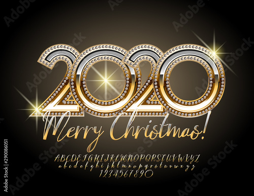 Vector shiny greeting card Merry Christmas 2020! Metal Gold Font. Calligraphy Alphabet Letters and Numbers