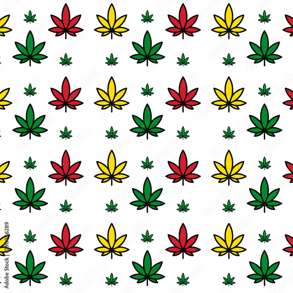 Vector seamless beautiful colored marijuana pattern. Leaves on white background.