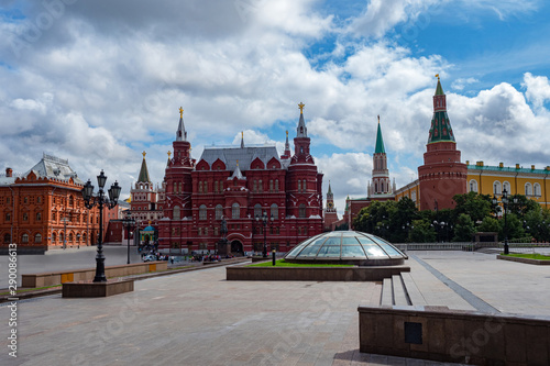 Russia.Panorama of Moscow.Manege Square.Guided tours of museums in Moscow. Museums of Russia.Spasskaya Tower. Moscow in sunny weather. Street near the Kremlin.Hike to the Red Square.Cities of Russia