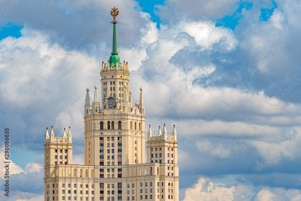 Moscow. Russian architecture.The top of the building in in Moscow. Moscow architecture.Spire of a building with a star.The architecture of the USSR.The top of the building against the sky.Excursions