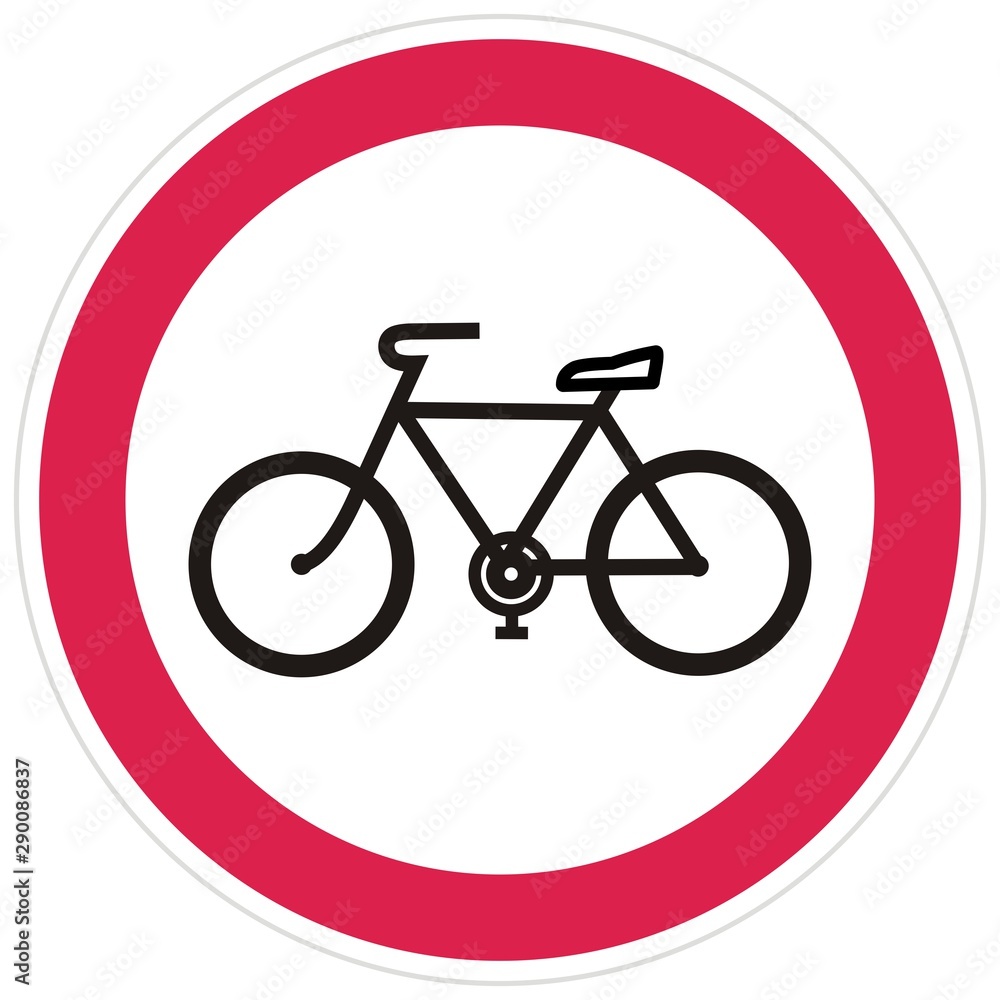No entry to bicycles. Road sign, black silhouette of road bicycle at red circle frame, vector icon.