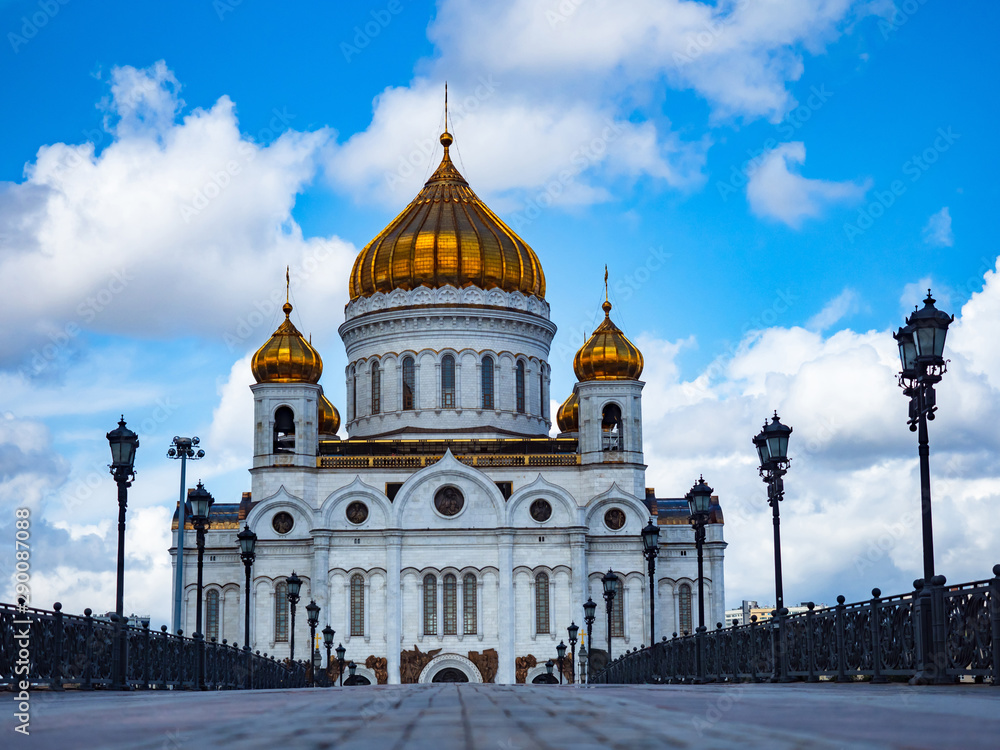 Russia.Moscow.Cathedral of Christ the Savior in Moscow.Excursions to the Orthodox churches of Moscow.Cathedral of Christ the Savior on a summer day. Religious tourism in Russia.Road to the church
