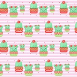 Vector seamless cactus pattern. Cute cartoon cactus with face in pots. Horizontal stripes and polka dots soft pink background.