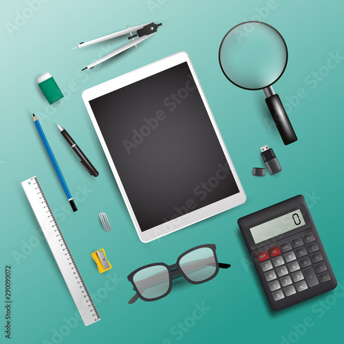 Back to school stationary on desk with ipad screen. Vector illustration