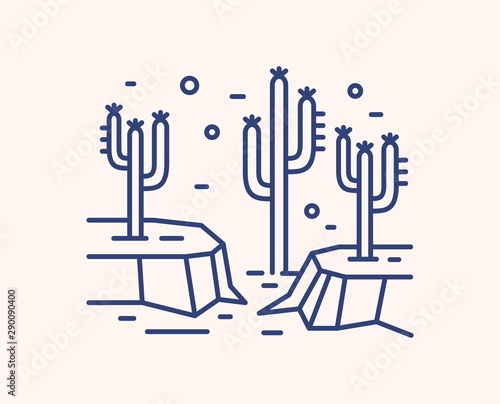 Cactus in dry desert landscape outline vector illustration