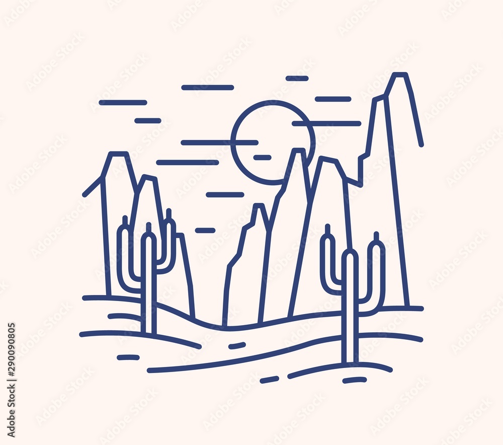 Line art sunny desert landscape. Wild land scenery with rocks or mountains and cactuses. Monochrome sands area illustration. Linear exotic dune composition. Simple modern vector illustration