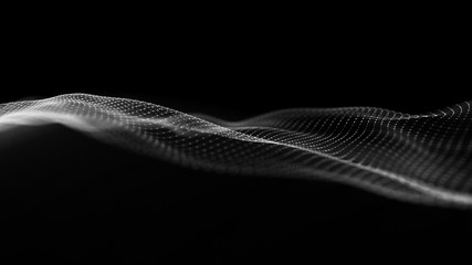 Wave 3d. Wave of particles. Abstract black Geometric Background. Big data visualization. 3d rendering.