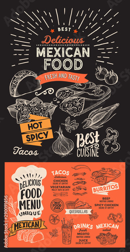 Mexican menu food template for restaurant with doodle hand-drawn graphic.